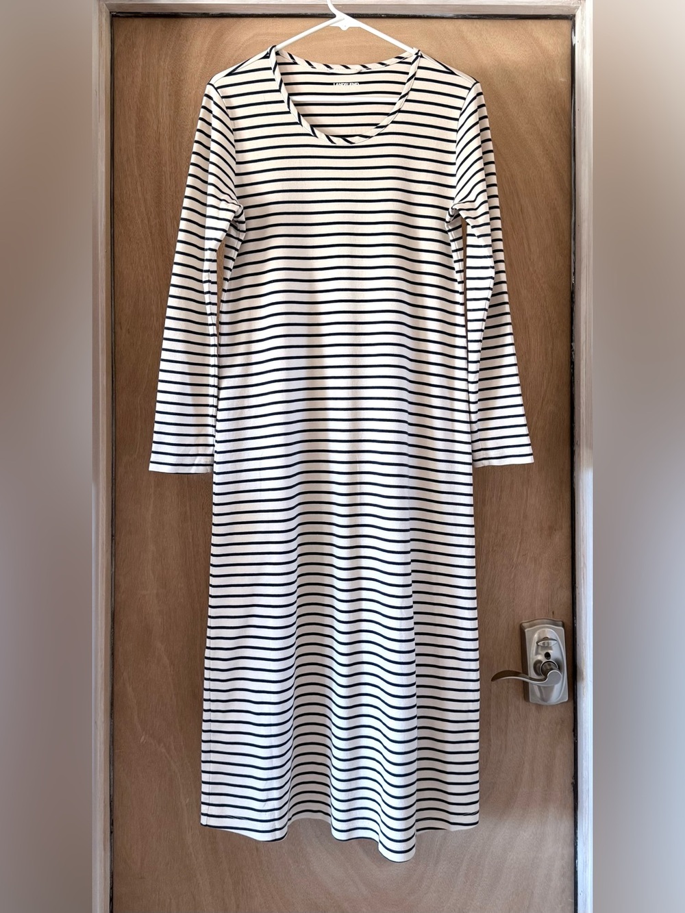 Lands’ End Supima Cotton Nightgown Lounge Cream Navy Lg Sleeve Womens S Tall New